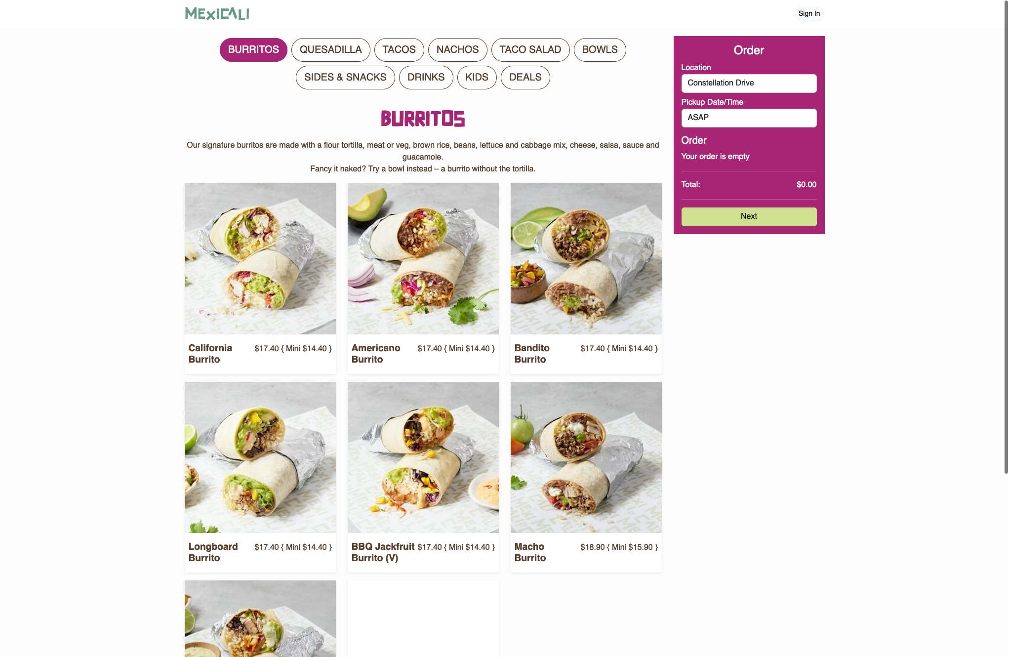 Screenshot of Online Ordering