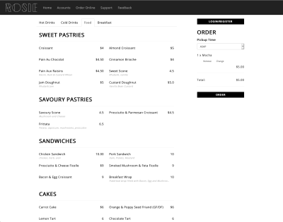 Online ordering screen showing a cafe menu